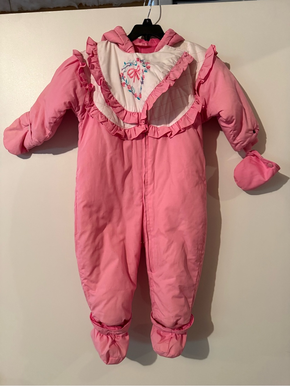 Vintage Pink Quilted Hooded Baby One-Piece with Ruffle Trim